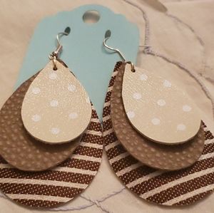 Faux Leather Brown/Polka Dot Teardrop Earrings